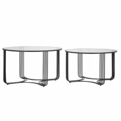Pair Of Modern Round Low Coffee Tables In Glass And Iron - Mirna