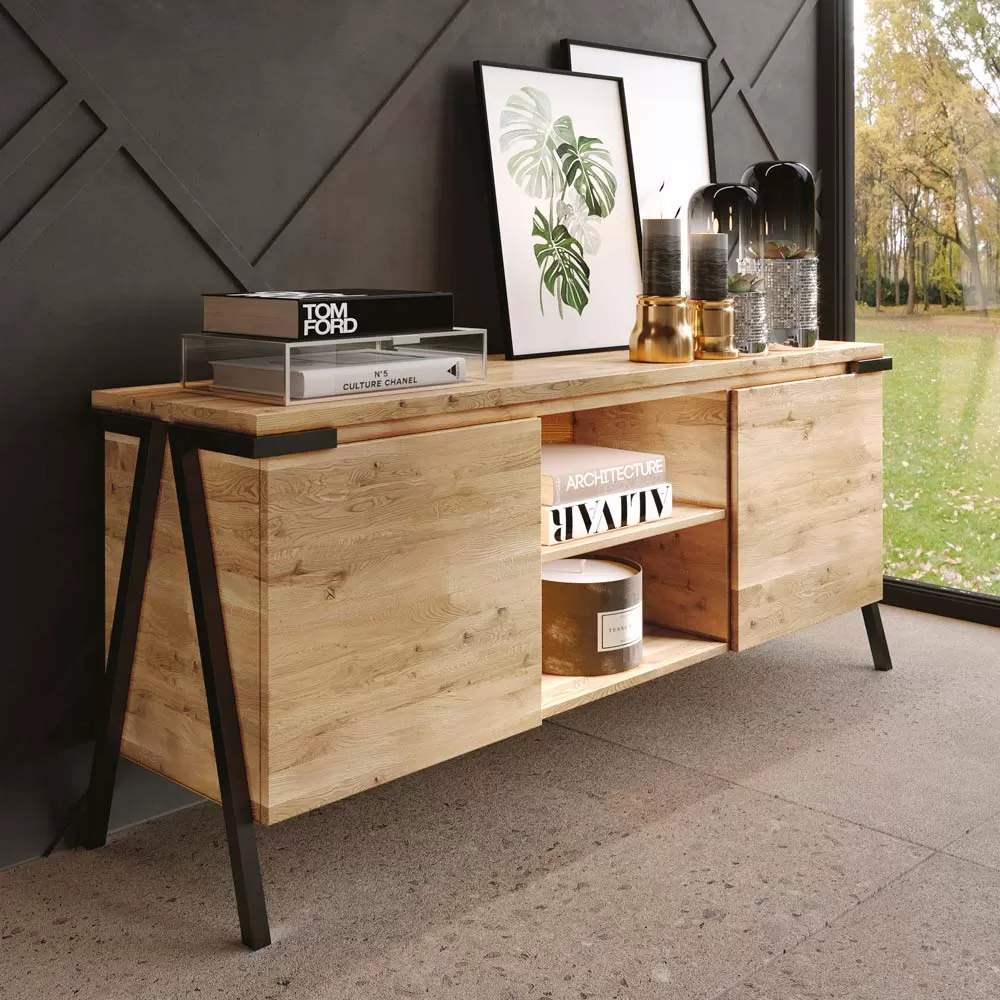 Sideboard In Oak Wood And Metal With 2 Doors And Open Compartment Made In Italy - Jennifer - Image 3