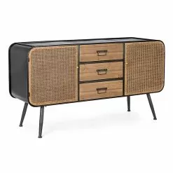 Vintage Sideboard With Rattan Effect Doors And Drawers In Fir Wood - Freddy