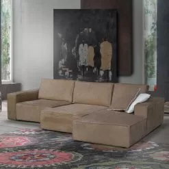 Living Room Sofa With Peninsula In Tortora Fabric Made In Italy - Burgundy