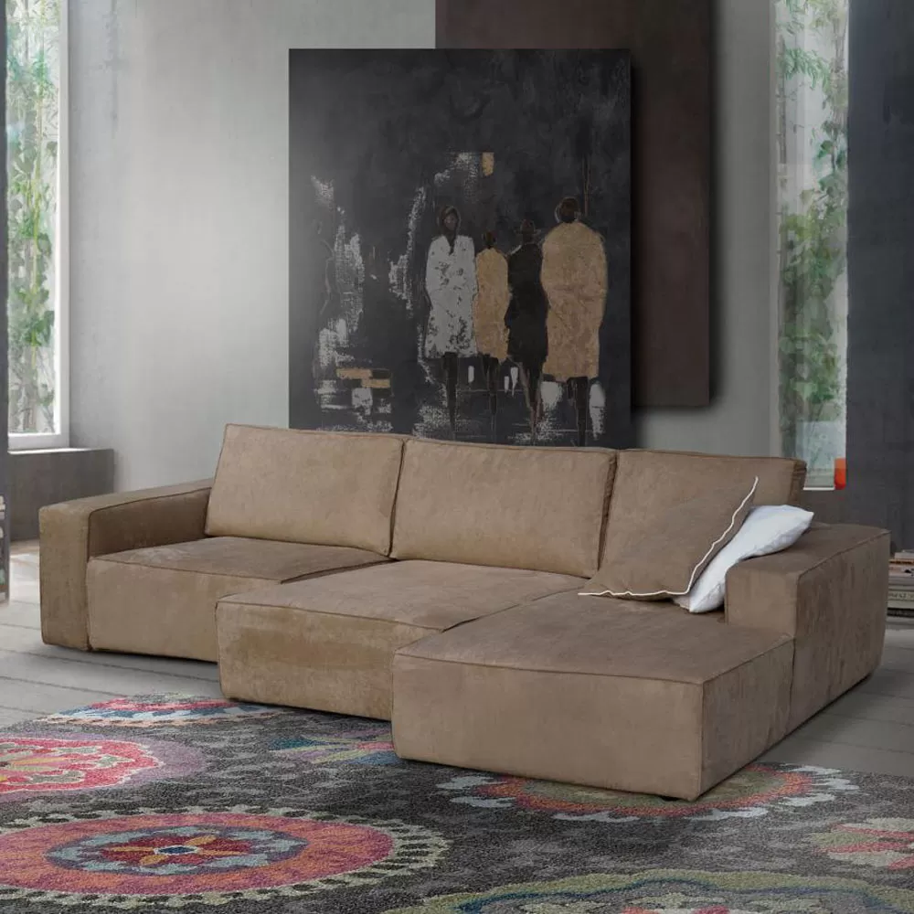 Living Room Sofa With Peninsula In Tortora Fabric Made In Italy - Burgundy