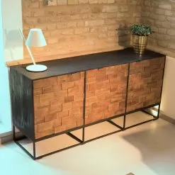 Sideboard With 3 Doors In Patchwork Recycled Wood And Metal Structure - Slide