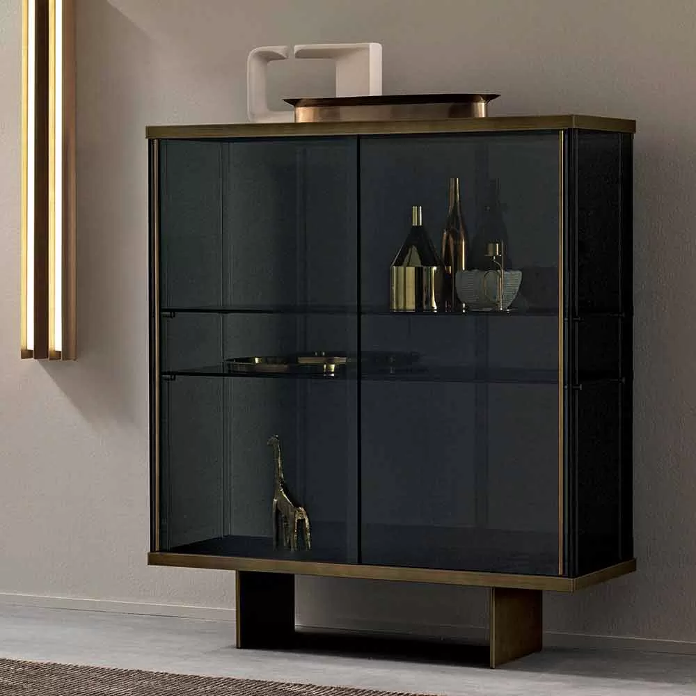 Living Room Sideboard In Smoked Glass And High Quality Marble Made In Italy - Leonarda