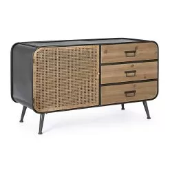 Living Room Ethnic Sideboard In Steel And Wood 1 Door And 3 Drawers - Gionni