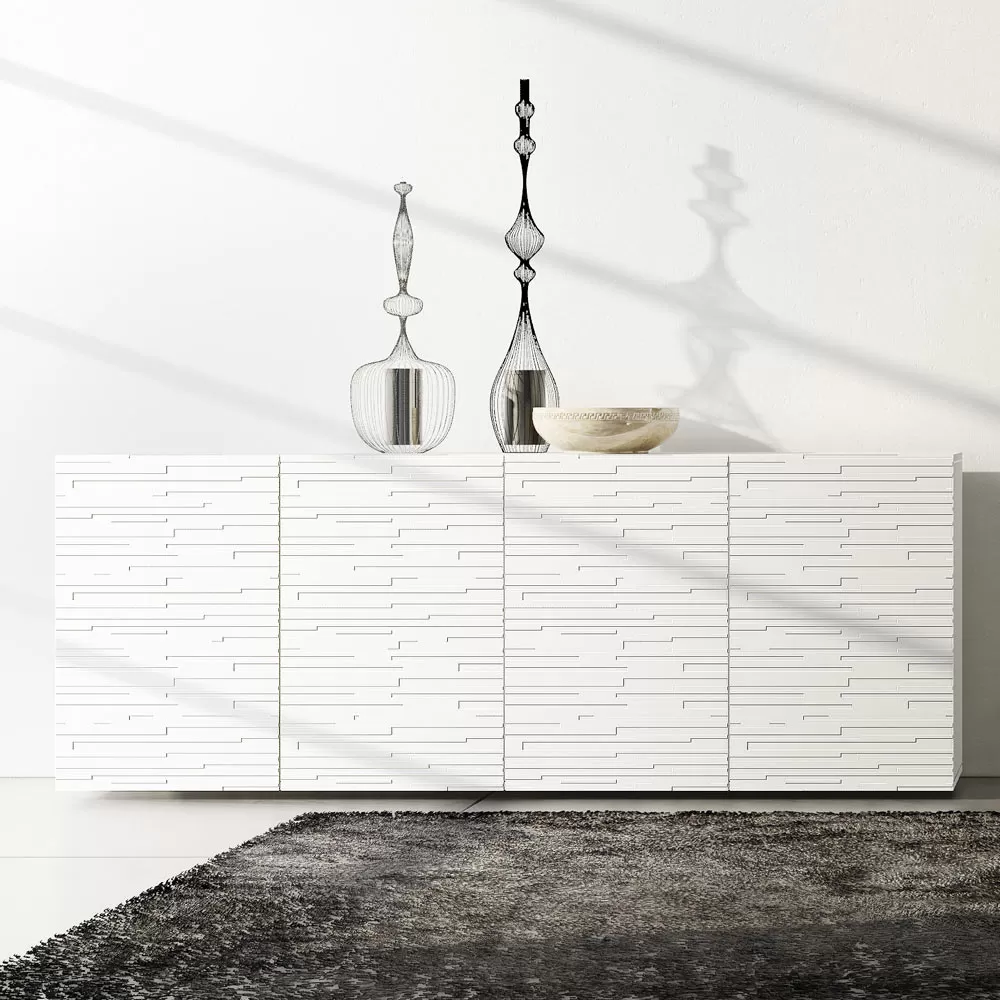 Sideboard In Matt White Lacquered Mdf With Decorated Doors Made In Italy - Chicago