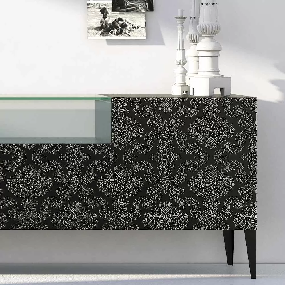 Sideboard In Black Mdf With Glass Case And Decorated Doors Made In Italy - Marissa - Image 2
