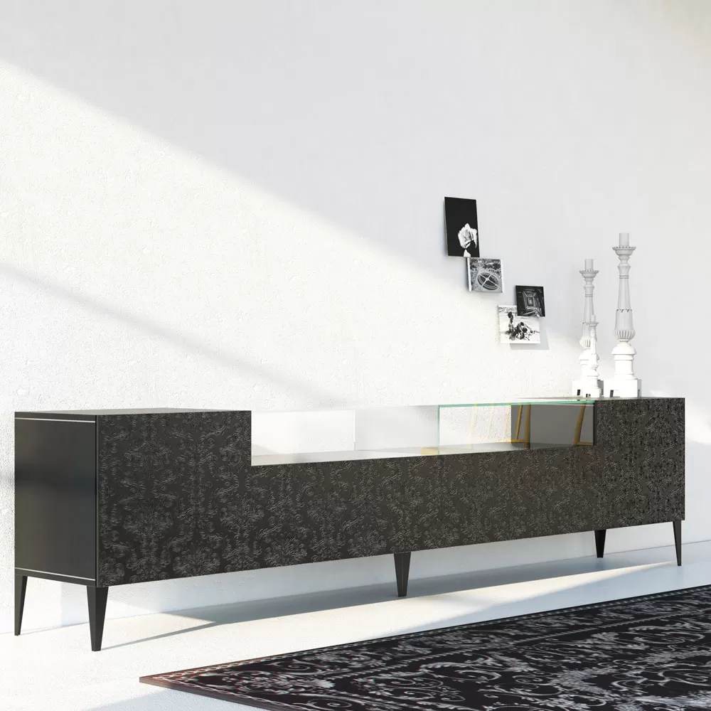 Sideboard In Black Mdf With Glass Case And Decorated Doors Made In Italy - Marissa - Image 3