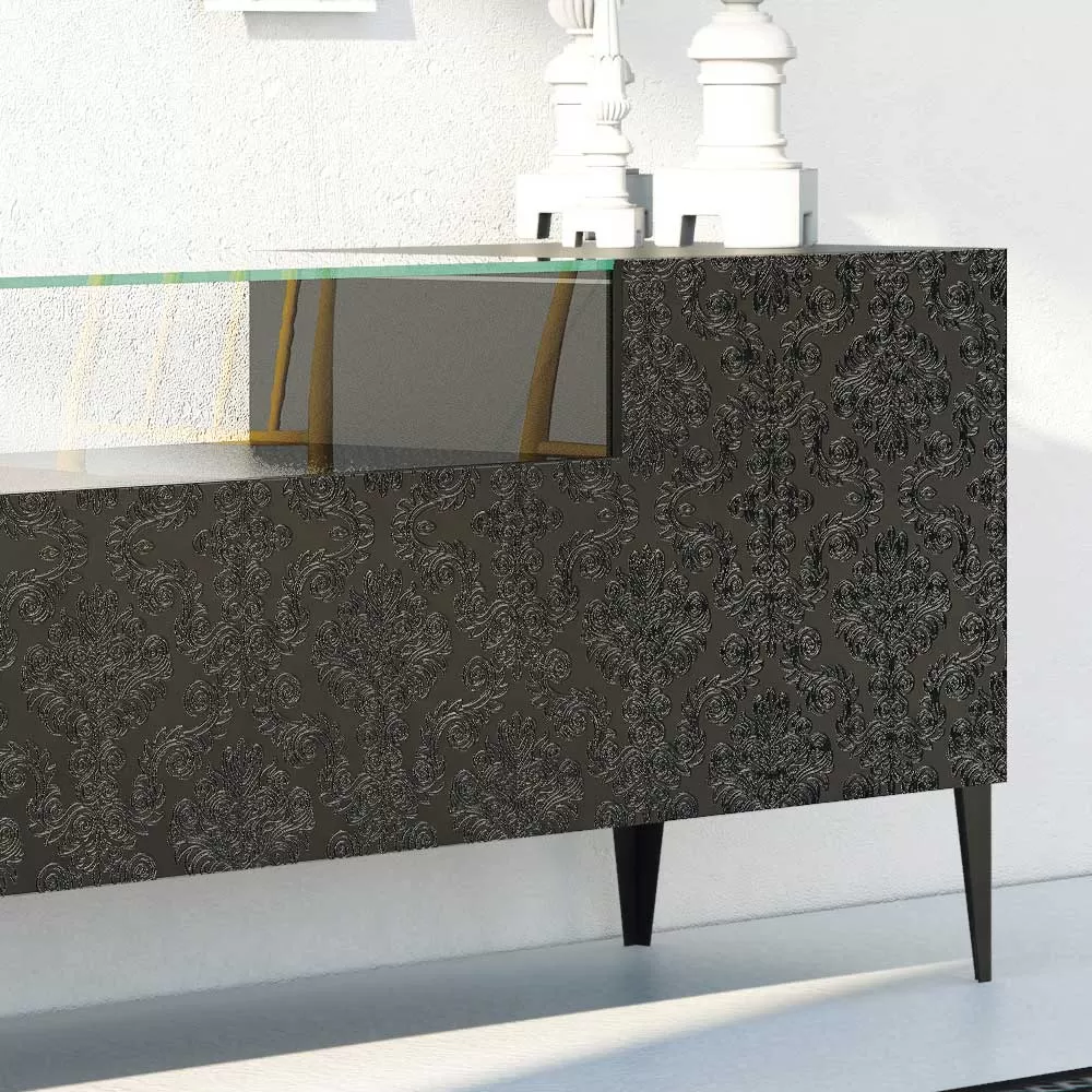 Sideboard In Black Mdf With Glass Case And Decorated Doors Made In Italy - Marissa - Image 4
