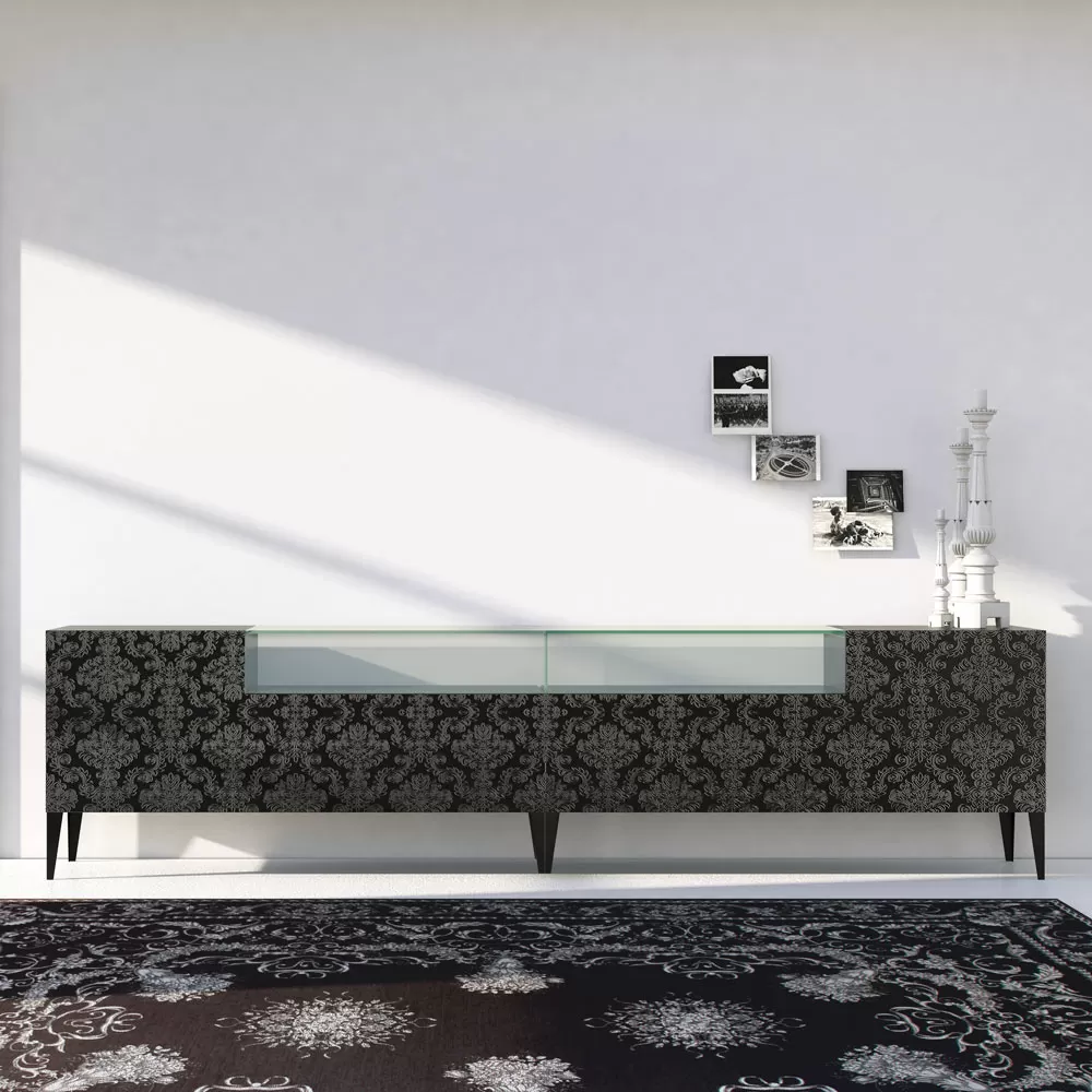 Sideboard In Black Mdf With Glass Case And Decorated Doors Made In Italy - Marissa