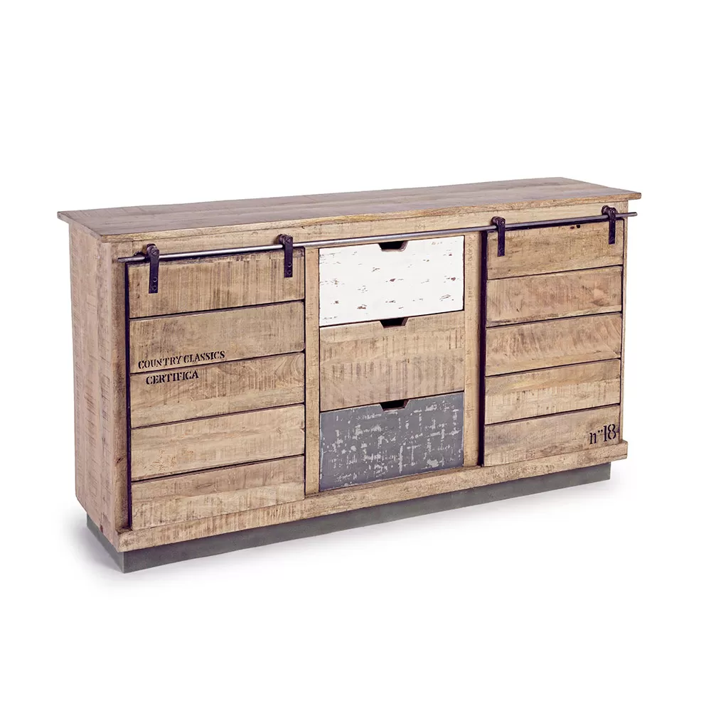 Living Room Sideboard In Mango Wood And Steel With 2 Doors And 3 Drawers - Sinfony