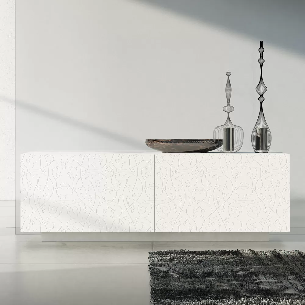 Living Room Sideboard In White Lacquered Mdf With Bas-relief Made In Italy - Acqua