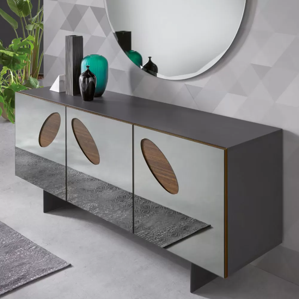 Living Room Sideboard In Melamine With Glass Inserts Made In Italy - Rominda