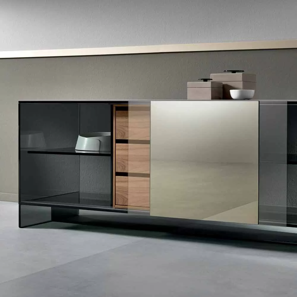Living Room Sideboard In Smokey Glass With Bronze Mirror Door Made In Italy - Scocca - Image 2