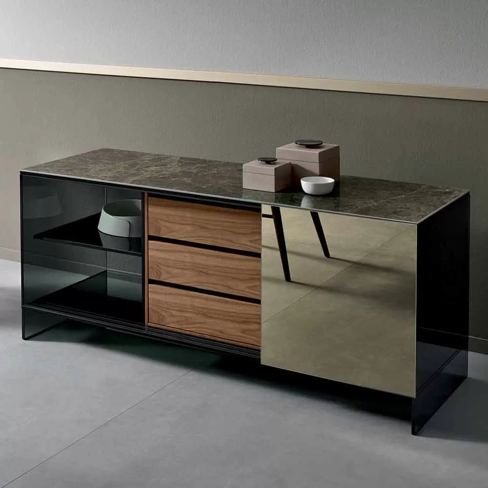 Living Room Sideboard In Smokey Glass With Bronze Mirror Door Made In Italy - Scocca