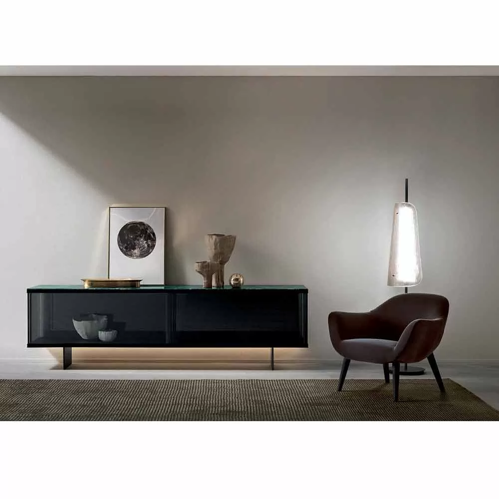 Living Room Sideboard In Smoked Glass And Green Or Red Marble With Led, Luxury-Leonarda - Image 2