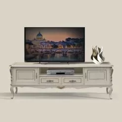 Luxury TV Cabinet In White And Silver Wood Made In Italy - Cheverny