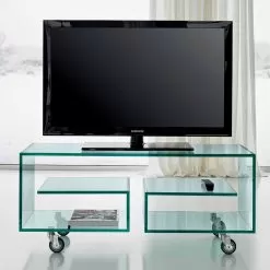 Living Room Tv Stand In Transparent Glass With Wheels, Luxury - Birintolo