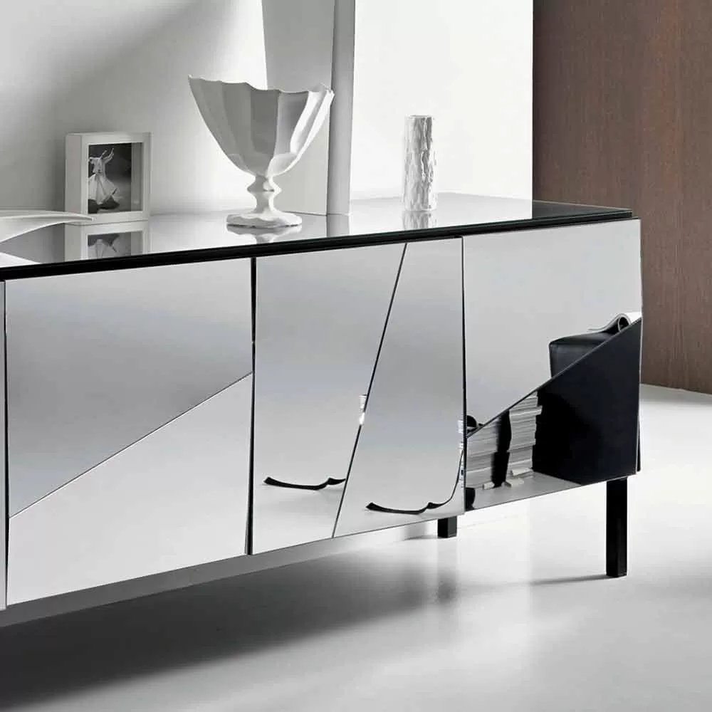 Living Room Sideboard In Matt Black Wood And Mirrored Glasses, Italian Luxury - Sienese - Image 3