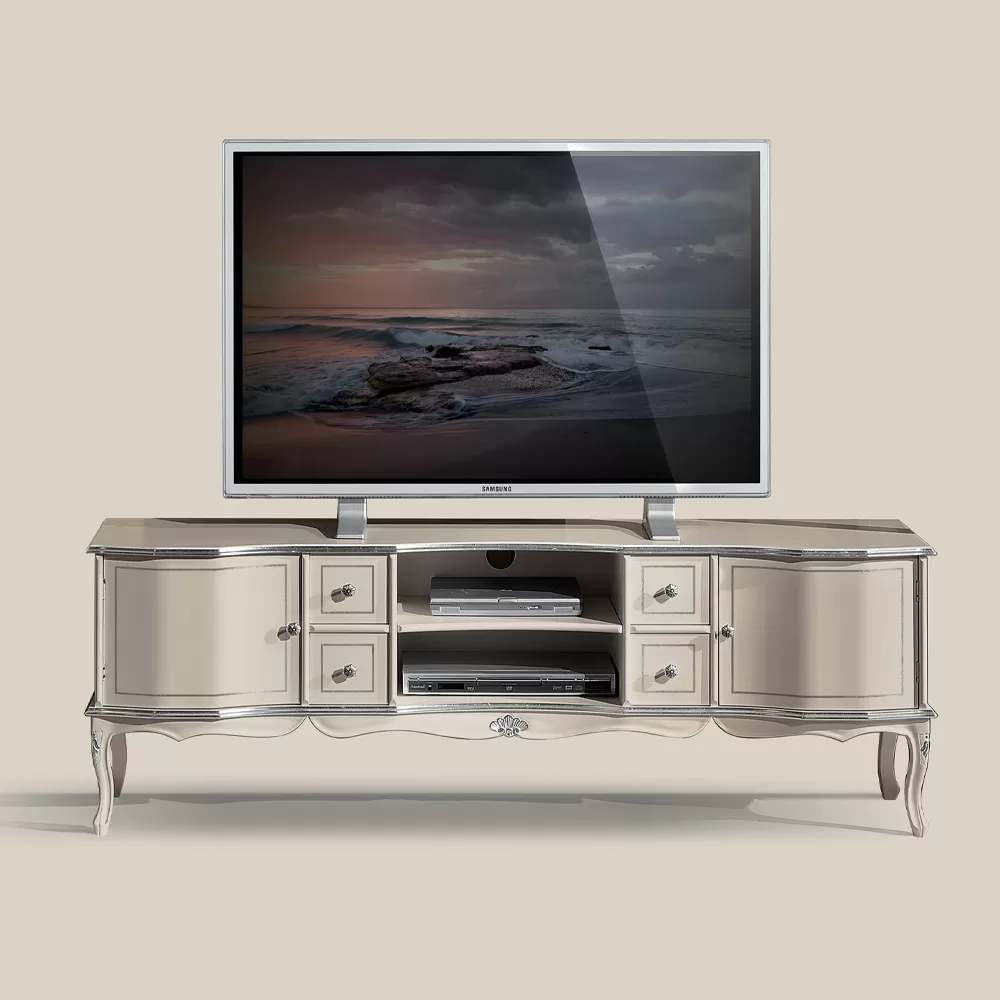 Living Room TV Stand White And Silver Wood Made In Italy - Windsor