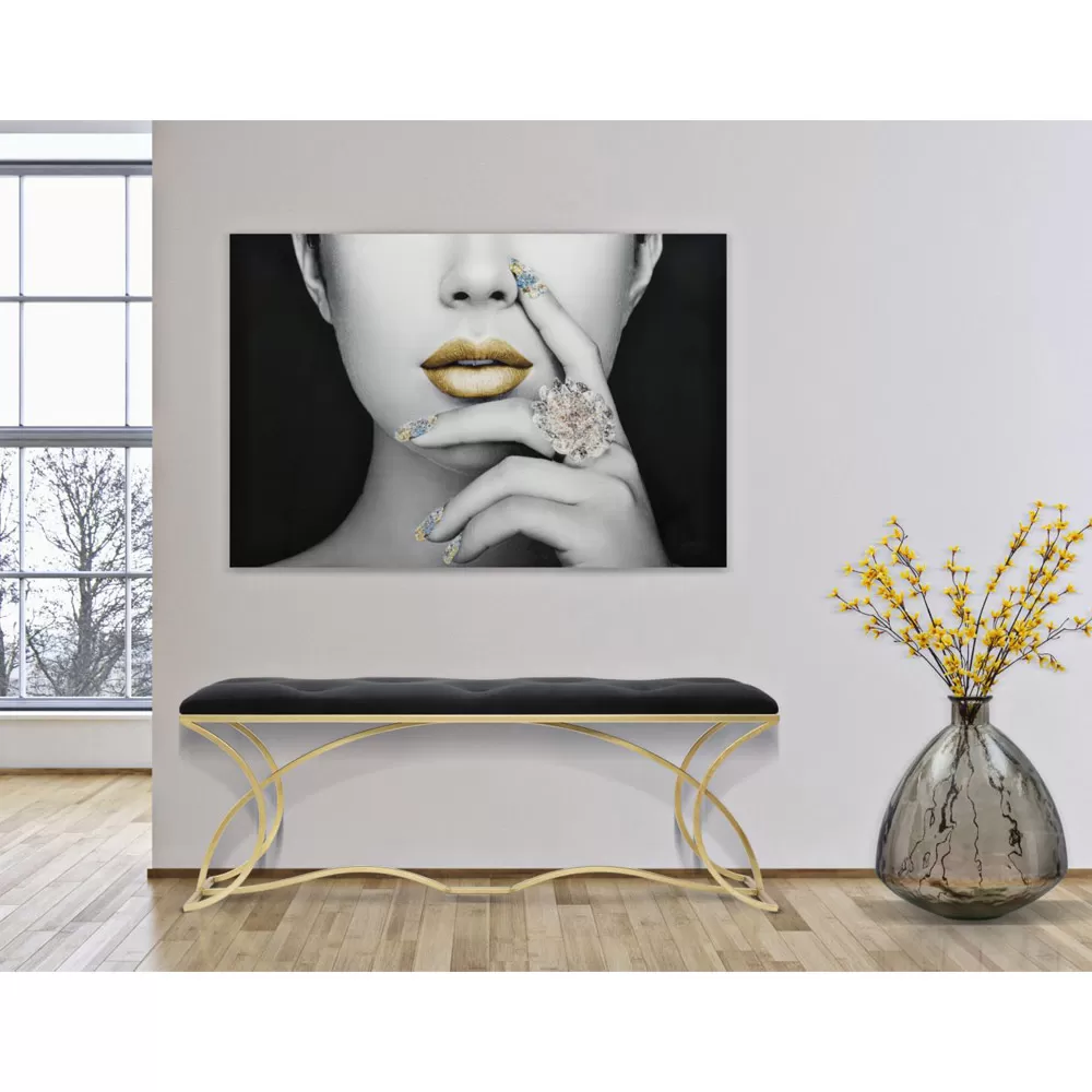 Golden Bench With Iron Structure And Seat Covered In Fabric - Symbol - Image 5