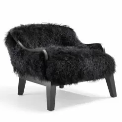 Classic Leather Low Armchair Eli, With Black Fur, Made In Italy