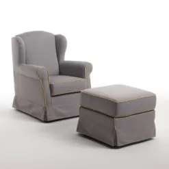 Living Room Armchair With Pouf In Ash Fabric Made In Italy - Ottavia