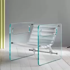 Living Room Armchair In Glass And Seat In White Leather Luxury Design - Tecna