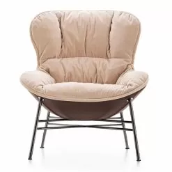 Living Room Armchair In Leather And Fabric With Chromed Base Made In Italy - Litchi