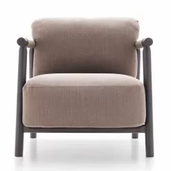 Fabric Armchair With Base In Ash Wood And Leather Made In Italy - Guava