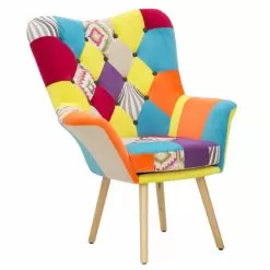 Modern Design Patchwork Armchair In Fabric And Wood - Karin