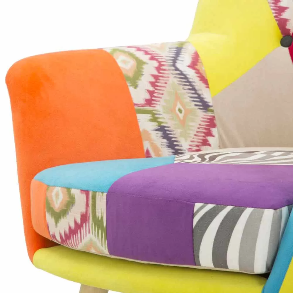 Modern Design Patchwork Armchair In Fabric And Wood - Karin - Image 5