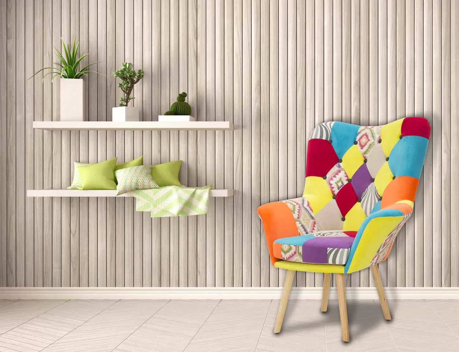 Modern Design Patchwork Armchair In Fabric And Wood - Karin - Image 10