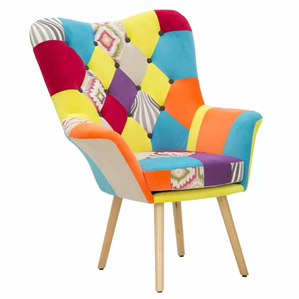 Modern Design Patchwork Armchair In Fabric And Wood - Karin