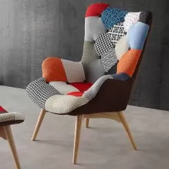 Modern Multi Coloured Patchwork Armchairs Veronica, Solid Wood Legs
