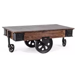 Low Coffee Table In Mango Wood And Steel With Wheels - Minnie