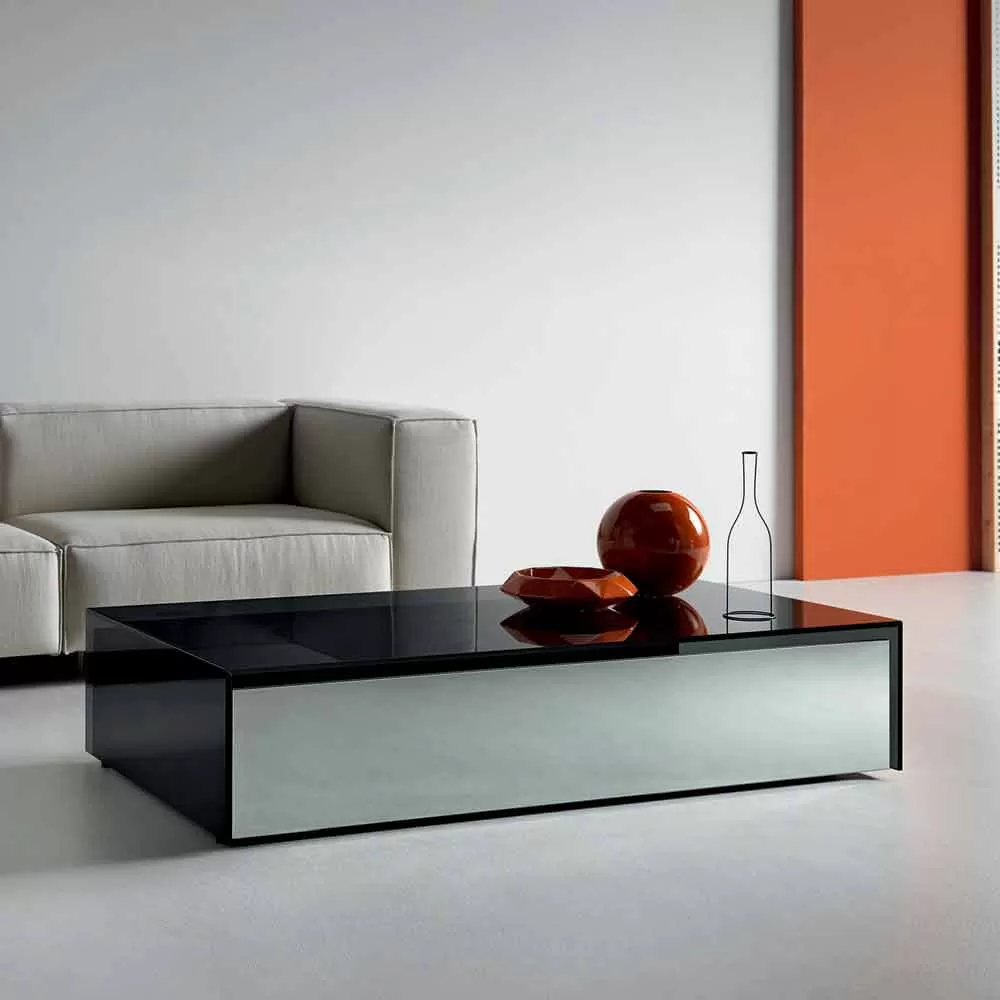 Low Table For Living Room In Smoked Glass And Wooden Drawers 3 Sizes - Mantra - Image 4
