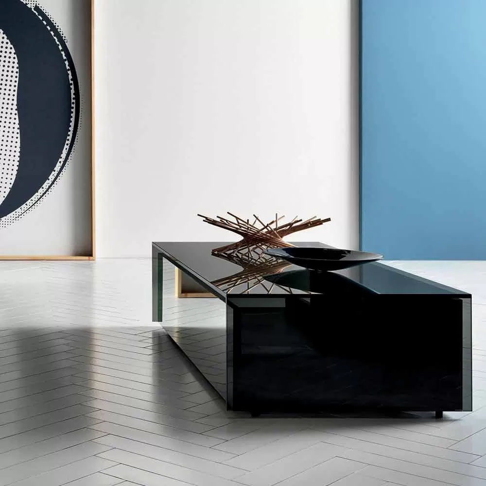 Low Table For Living Room In Smoked Glass And Wooden Drawers 3 Sizes - Mantra