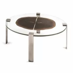 Oval Coffee Table Buck 2, With Glass And Wooden Top, Modern Design