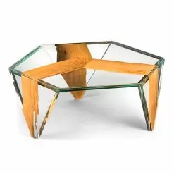 Shaped Coffee Table In Glass And Wood Made In Italy - Mumbai