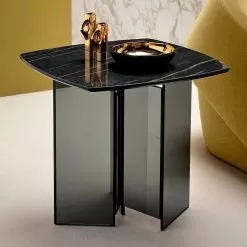 Sofa Side Table For Living Room With Ceramic Top And Smoked Glass - Random