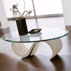 Oval Coffee Table In Beveled Glass And Synthetic Marble Made In Italy - Barbera