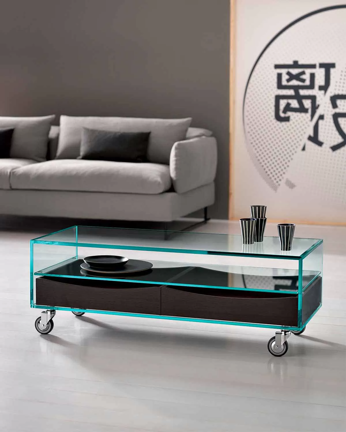 Rectangular Coffee Table In Extraclear Glass With Drawers Made In Italy - Ganzo - Image 2