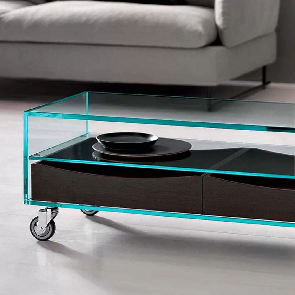 Rectangular Coffee Table In Extraclear Glass With Drawers Made In Italy - Ganzo - Image 3