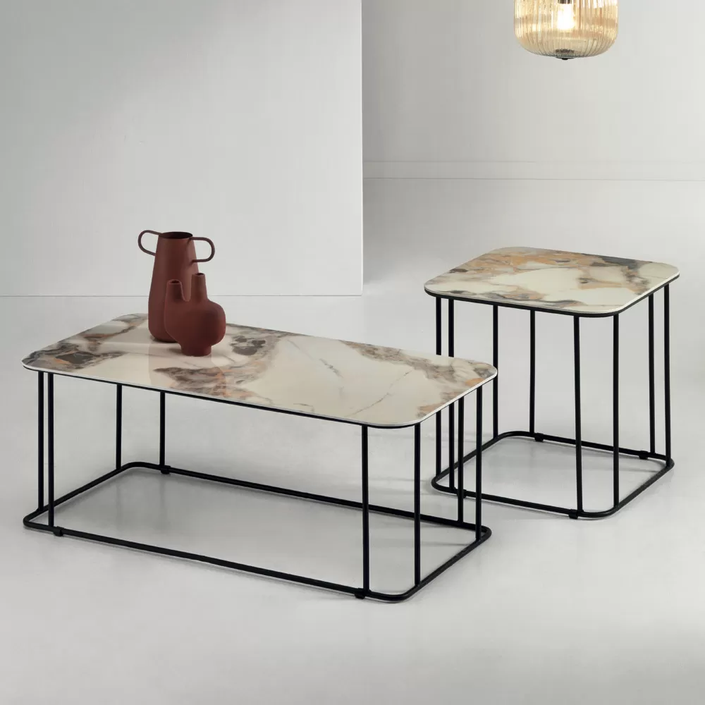 Coffee Table In Ceramic Effect Marble And Metal Made In Italy - Ettore